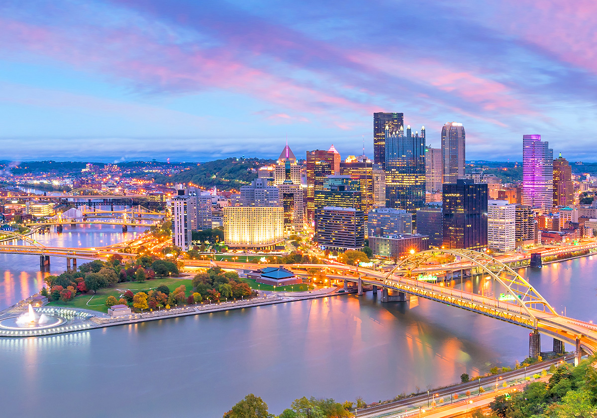 Aerial view of Pittsburgh, Pennsylvania, with a focus on the